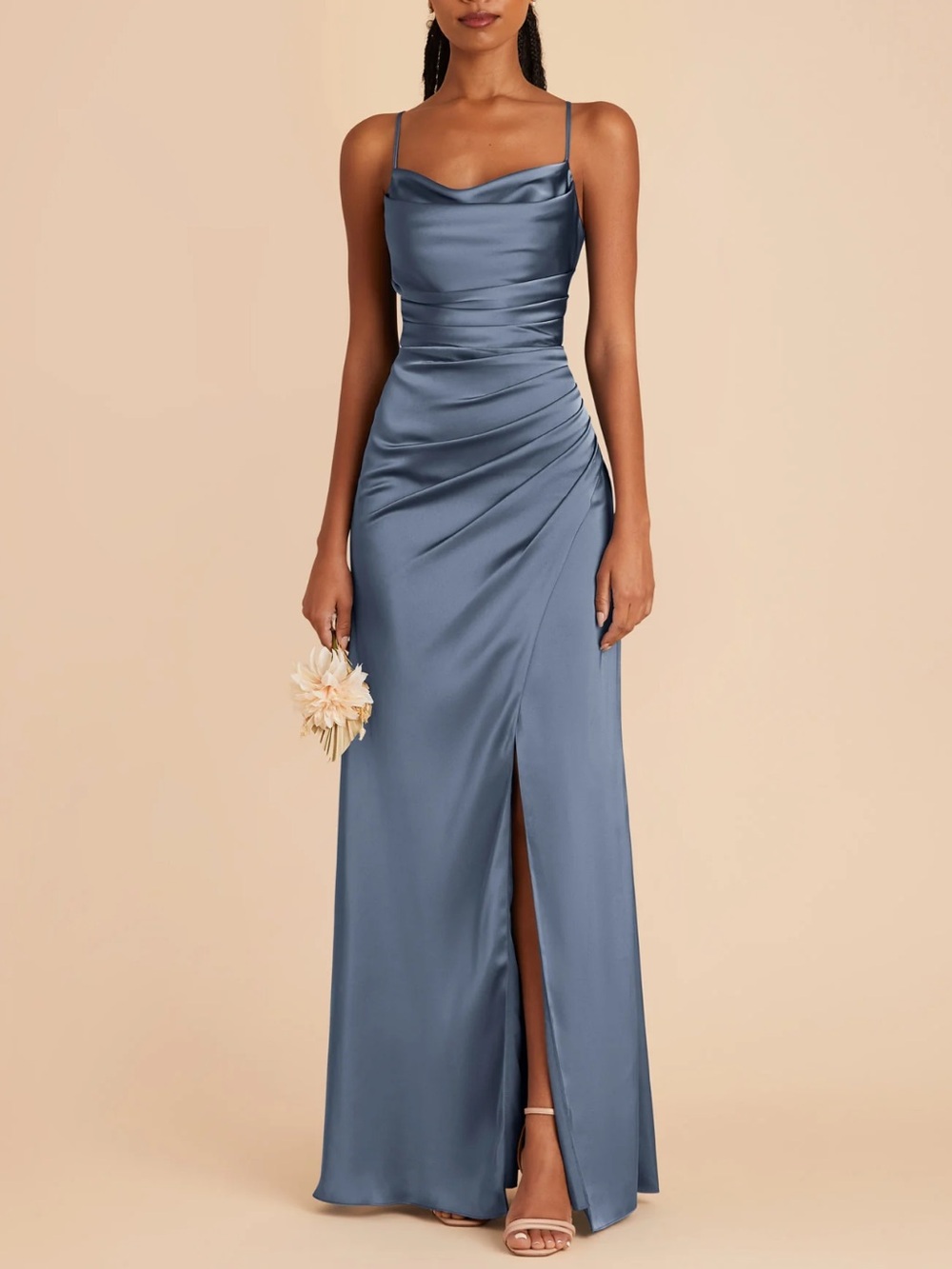 Elegant Slate Blue Satin Cowl Neck Dress